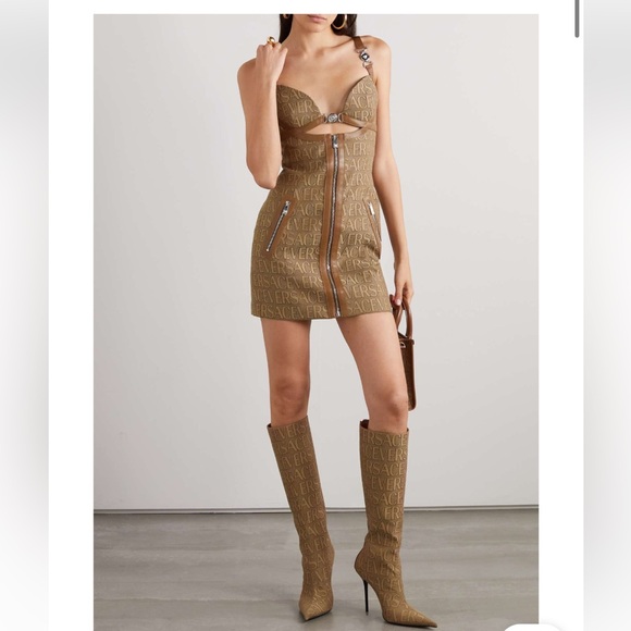 Versace Logo Print Cut Out Monogram Mini Dress Leather Trims IT 42 US 6 $3050 - Picture 1 of 17